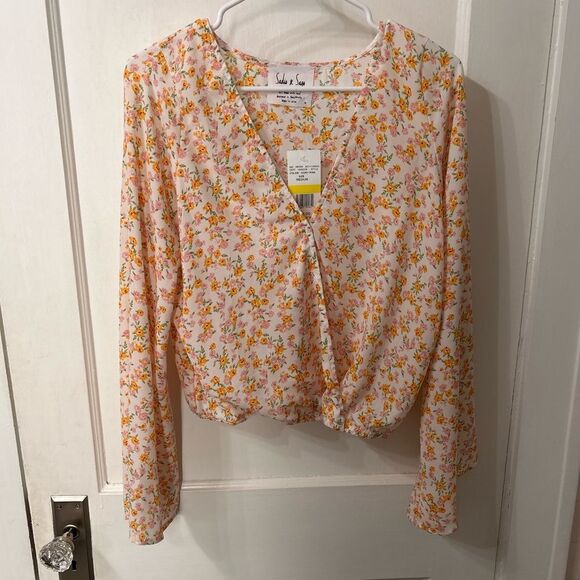 Sadie & Sage Floral V-Neck Blouse - Pink and Yellow - Picture 1 of 5